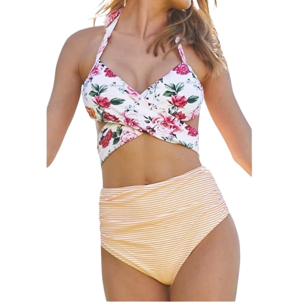Cupshe Floral and Striped Wrap Halter One Piece Swimsuit